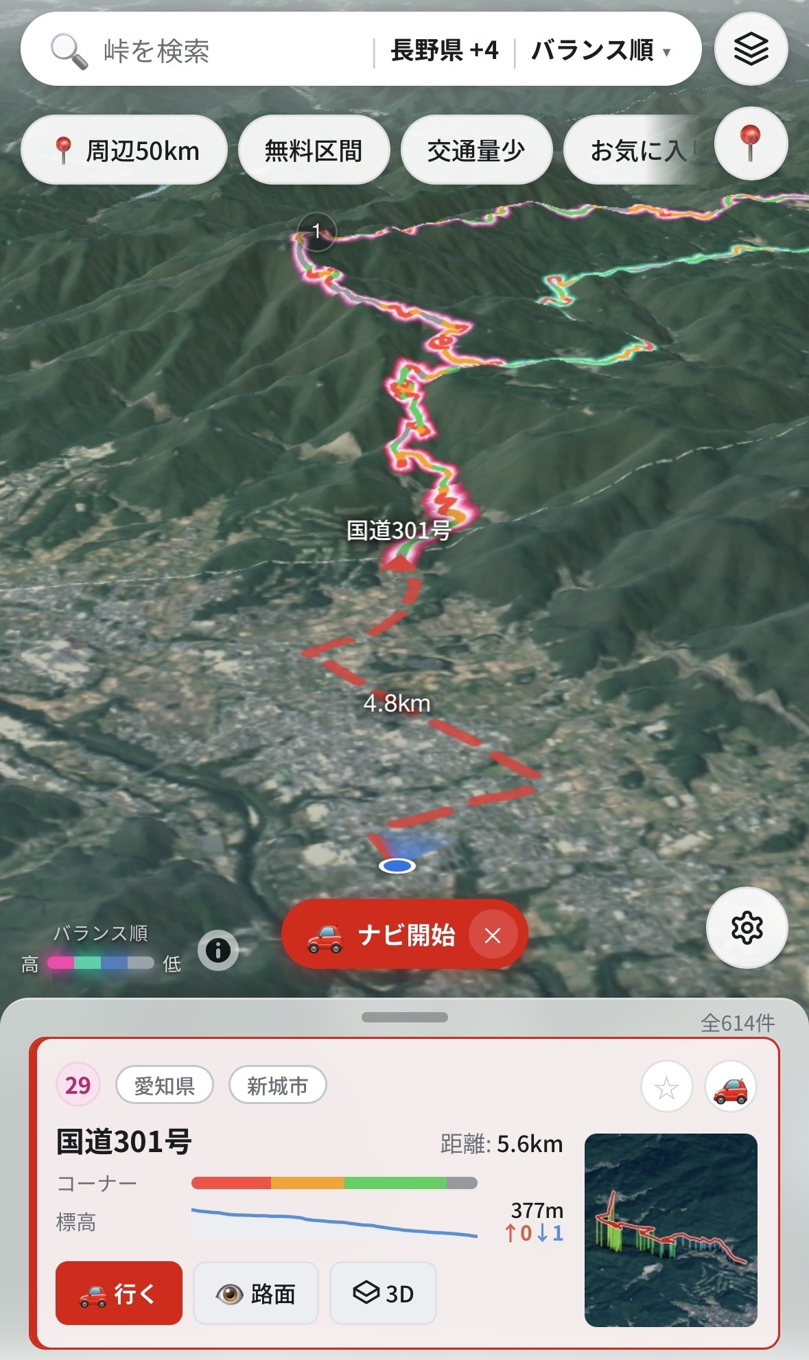 現在地から峠道までのルートとナビ開始ボタン