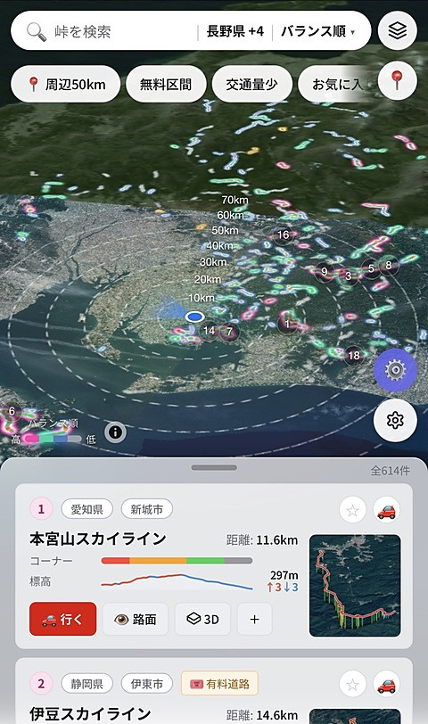 現在地からの距離リングと順位マーカーつきで近くの峠道が表示されたSerpioの画面